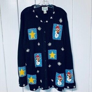 The Quacker Factory, Women’s Sweater with Snowmen,‎ Size L, Black*